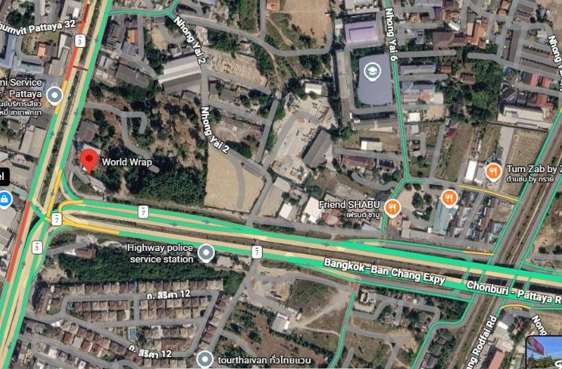 Map showing the verified World WraP studio location at 211/7 Moo 6, Na Klua, Bang Lamung, Chonburi 20150, marked with a pin near Sukhumvit Pattaya and the Bangkok–Ban Chang Expressway